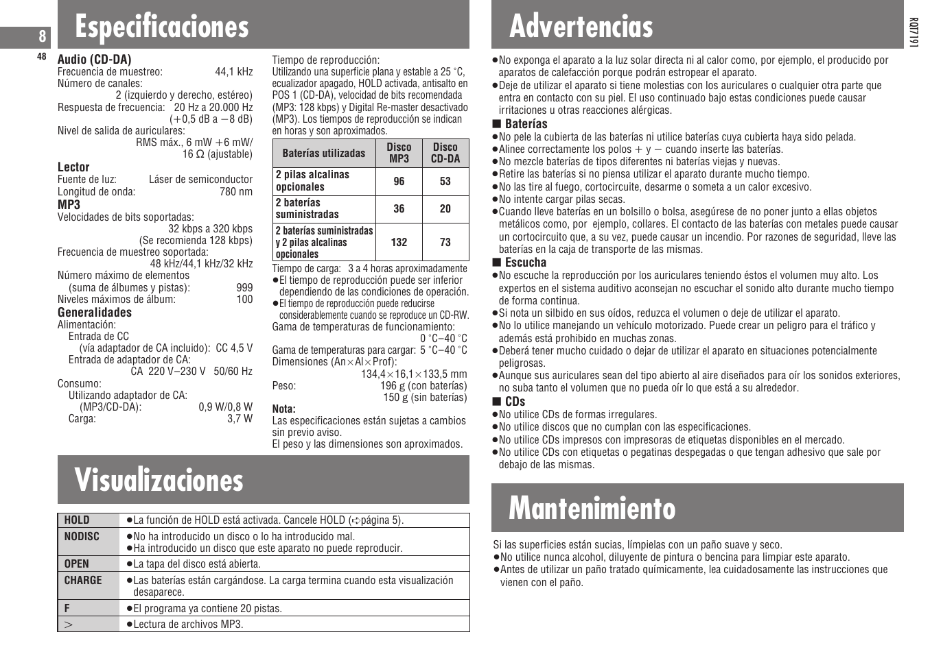 Especificaciones, Visualizaciones advertencias, Mantenimiento | Panasonic SLCT710 User Manual | Page 48 / 92