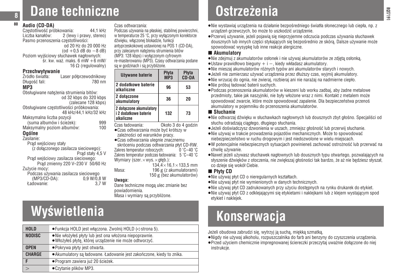 Dane techniczne, Wyøwietlenia, Ostrzeëenia | Konserwacja | Panasonic SLCT710 User Manual | Page 80 / 92