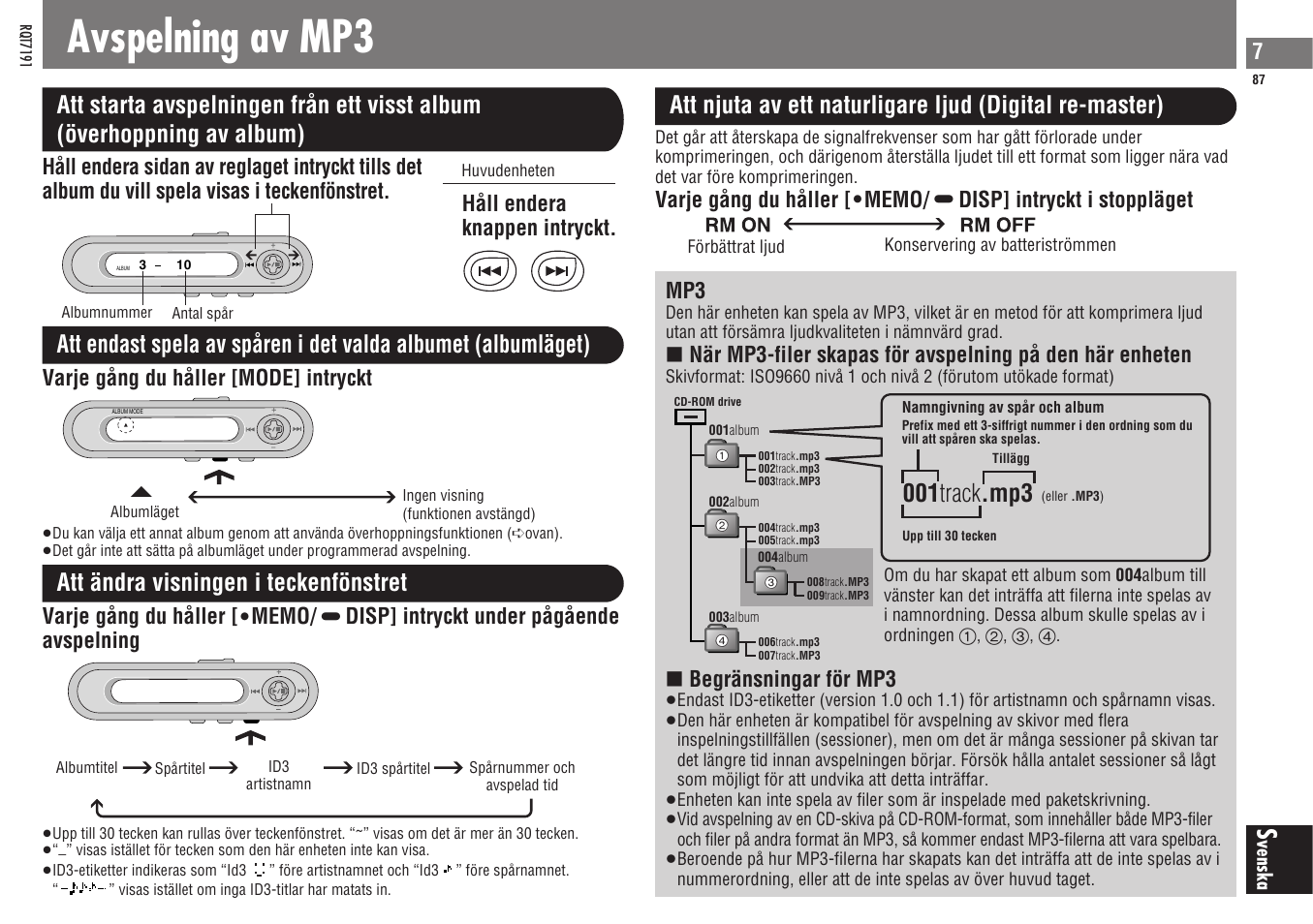 Avspelning av mp3, 001 track .mp3, Att ändra visningen i teckenfönstret | Begränsningar för mp3, Varje gång du håller [mode] intryckt | Panasonic SLCT710 User Manual | Page 87 / 92