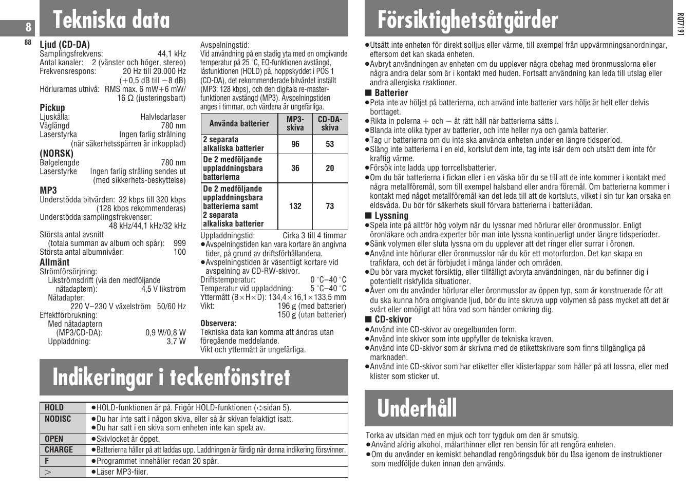 Tekniska data, Indikeringar i teckenfönstret, Försiktighetsåtgärder | Underhåll | Panasonic SLCT710 User Manual | Page 88 / 92