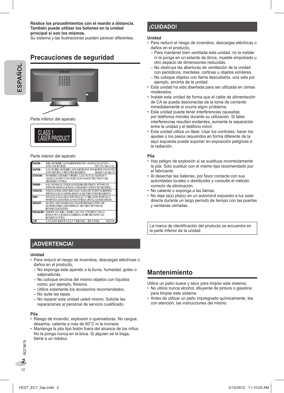 Sc-hc27ec_rqt9679-1e_2sp, Precauciones de seguridad, Mantenimiento | Panasonic SCHC27 User Manual | Page 12 / 68