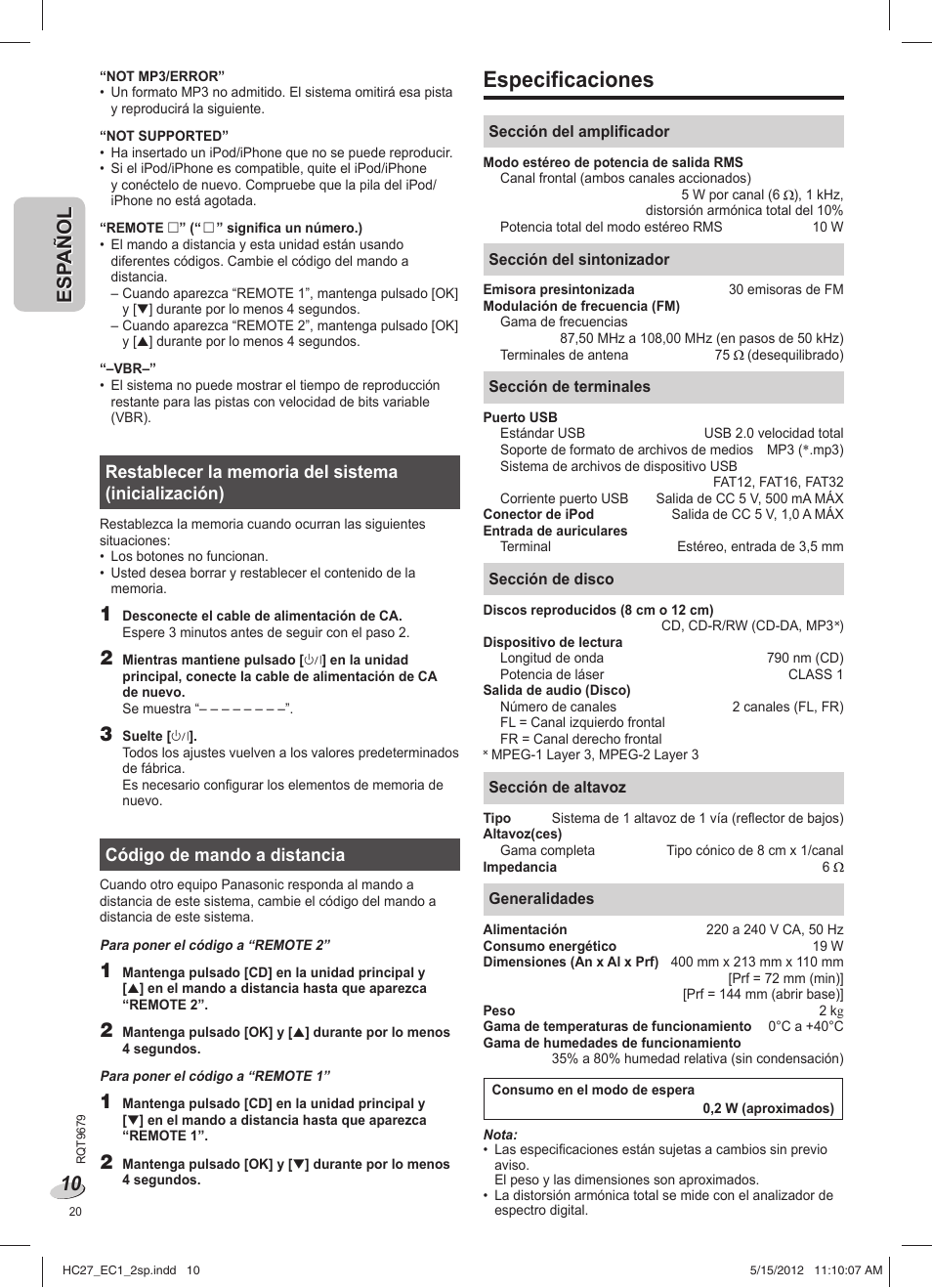 Especificaciones | Panasonic SCHC27 User Manual | Page 20 / 68