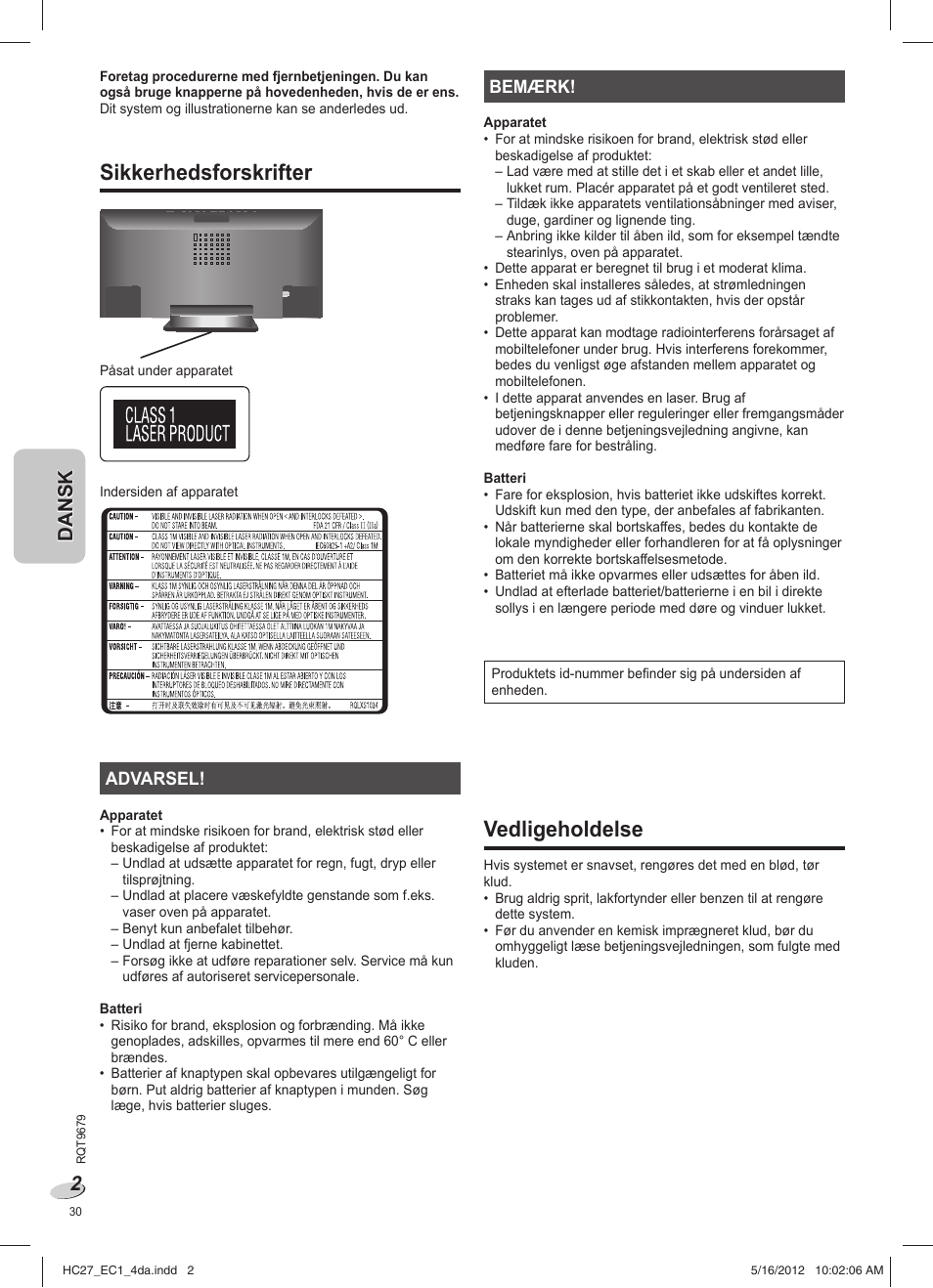 Sc-hc27ec_rqt9679-1e_4da, Sikkerhedsforskrifter, Vedligeholdelse | Panasonic SCHC27 User Manual | Page 30 / 68