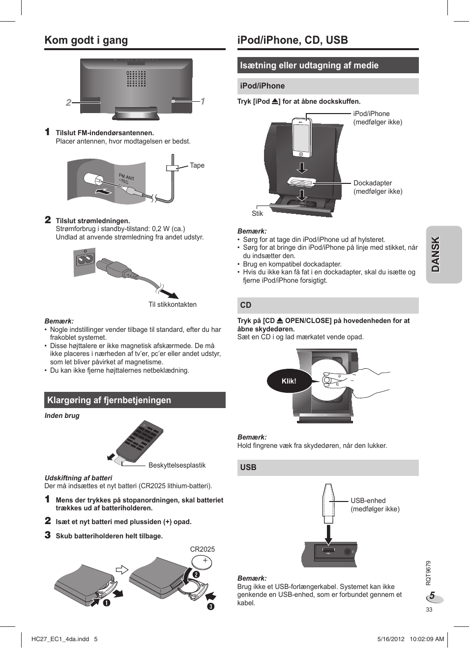 Ipod/iphone, cd, usb, Kom godt i gang | Panasonic SCHC27 User Manual | Page 33 / 68