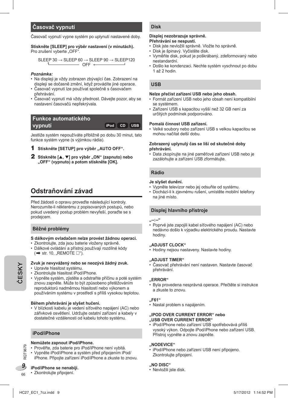 Odstraňování závad | Panasonic SCHC27 User Manual | Page 66 / 68