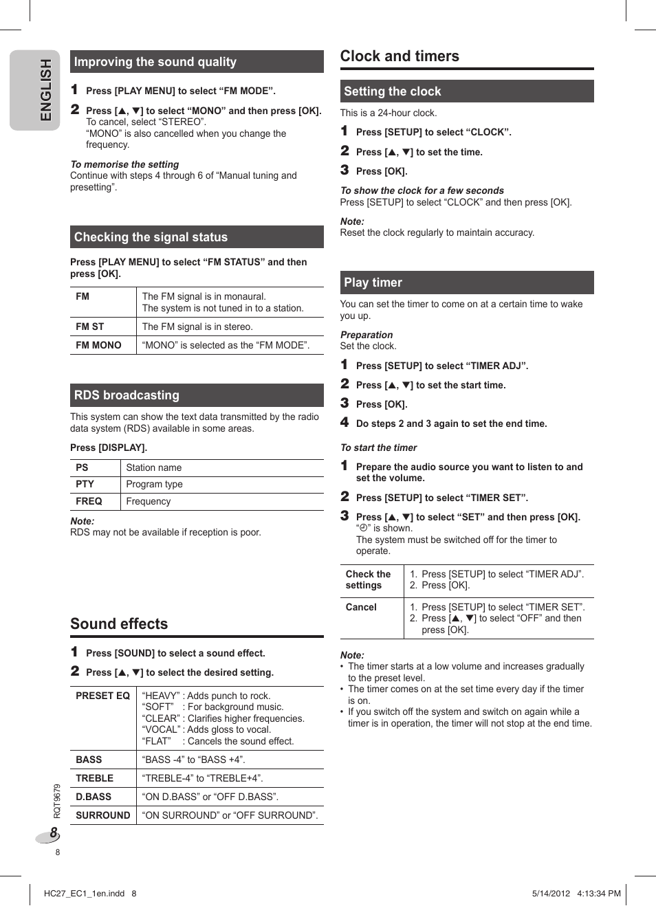 Sound effects, Clock and timers, En g l is h english | Panasonic SCHC27 User Manual | Page 8 / 68