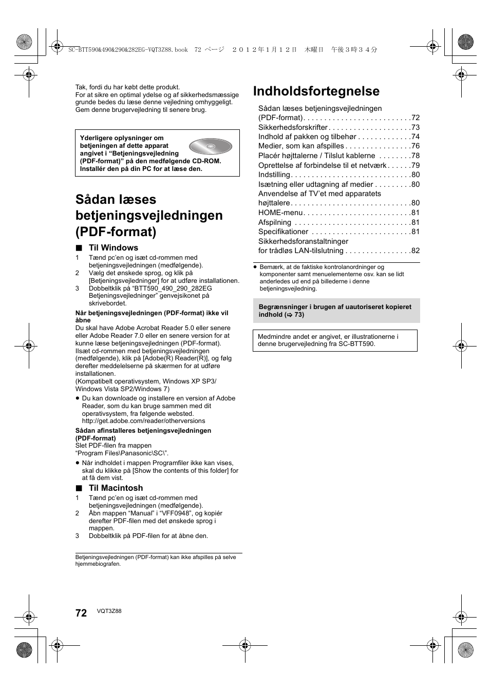 Sådan læses betjeningsvejledningen (pdf-format), Indholdsfortegnelse | Panasonic SCBTT290EGK User Manual | Page 72 / 100