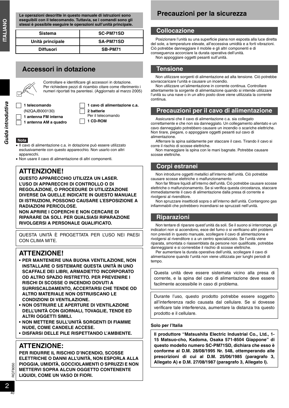 Precauzioni per la sicurezza, Accessori in dotazione, Attenzione | Panasonic SCPM71SD User Manual | Page 40 / 192
