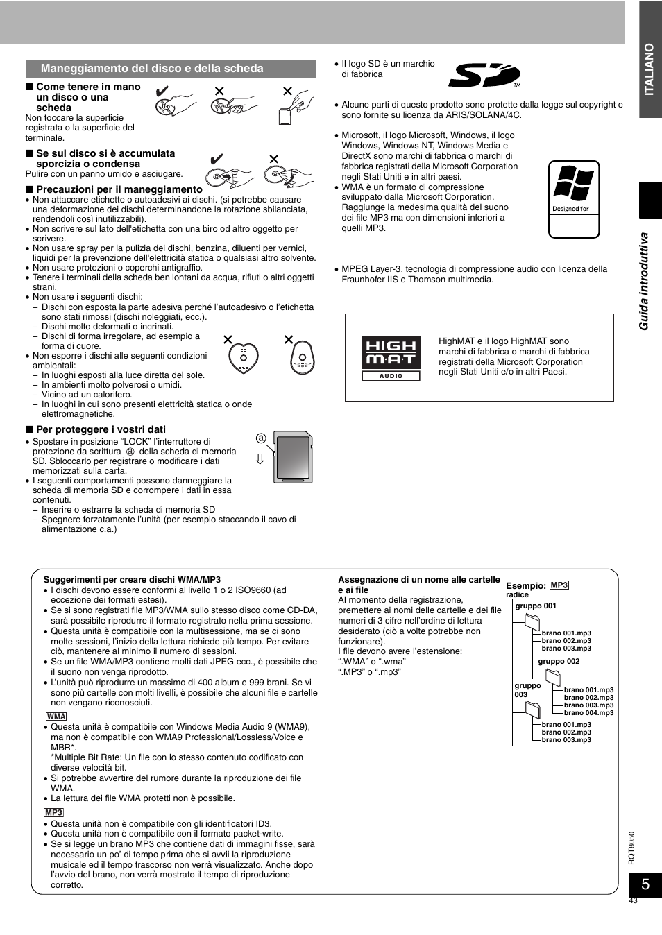 It al iano, Maneggiamento del disco e della scheda, Guida intr odutti va | Panasonic SCPM71SD User Manual | Page 43 / 192