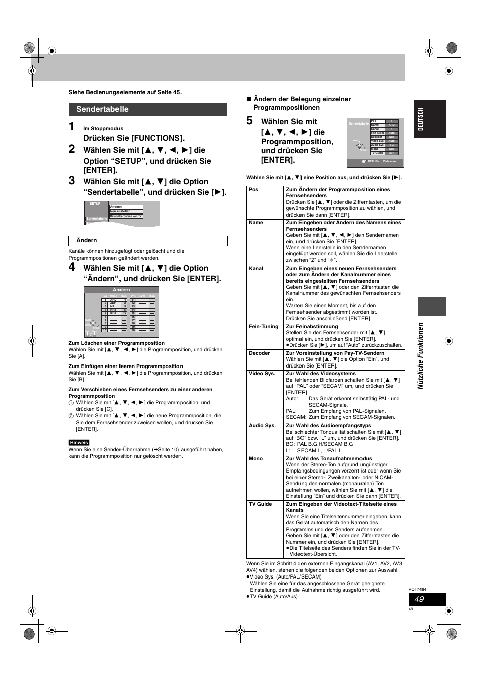 Drücken sie [functions, Sendertabelle | Panasonic DMRE95H User Manual | Page 49 / 124