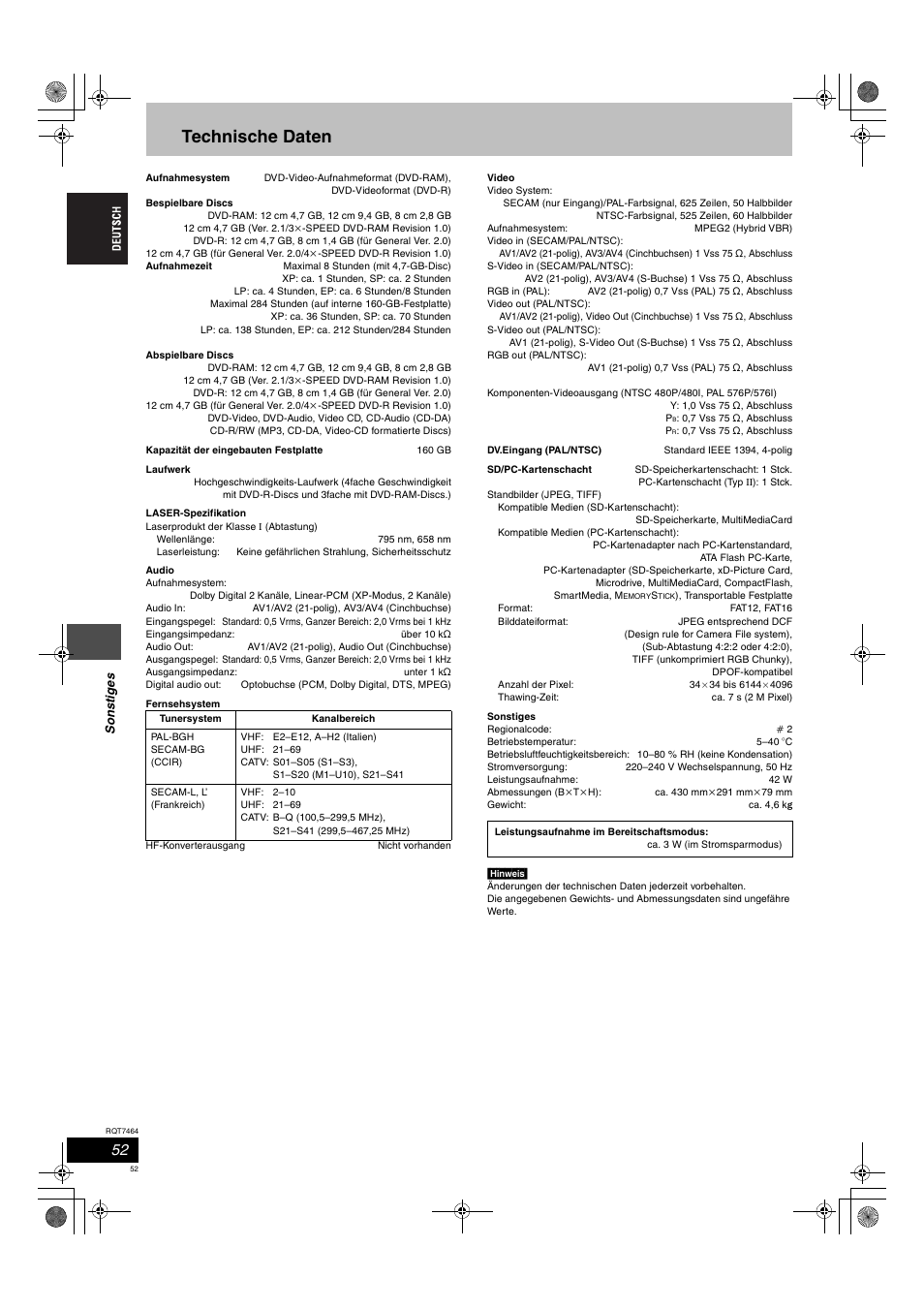 Technische daten | Panasonic DMRE95H User Manual | Page 52 / 124
