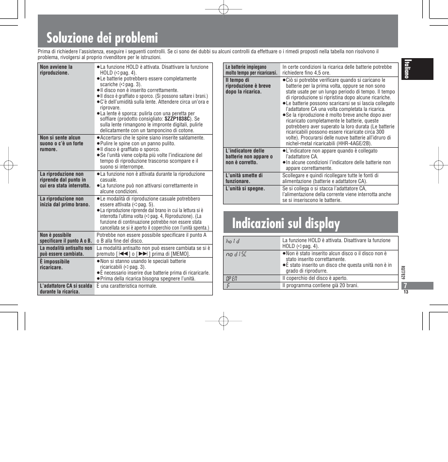 Soluzione dei problemi indicazioni sul display, Taliano | Panasonic SLCT345 User Manual | Page 13 / 64