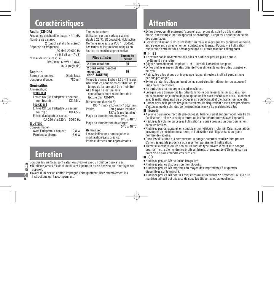 Caractéristiques, Entretien, Attention | Panasonic SLCT345 User Manual | Page 18 / 64