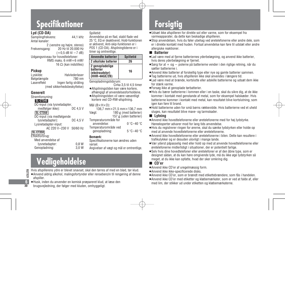 Specifikationer, Vedligeholdelse, Forsigtig | Panasonic SLCT345 User Manual | Page 30 / 64