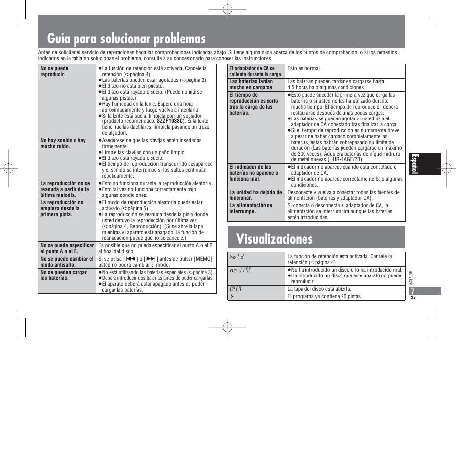 Guía para solucionar problemas visualizaciones, Spañol 7 | Panasonic SLCT345 User Manual | Page 37 / 64