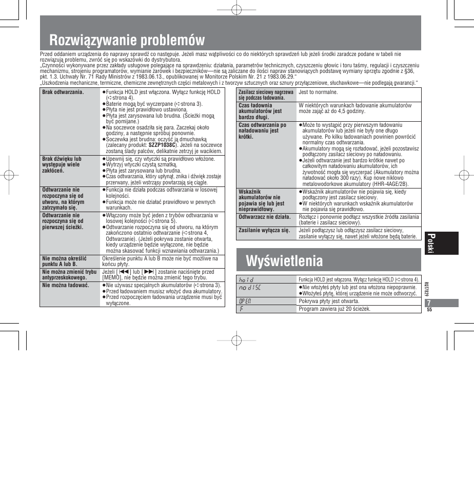 Rozwiàzywanie problemów wyøwietlenia, Olski 7 | Panasonic SLCT345 User Manual | Page 55 / 64