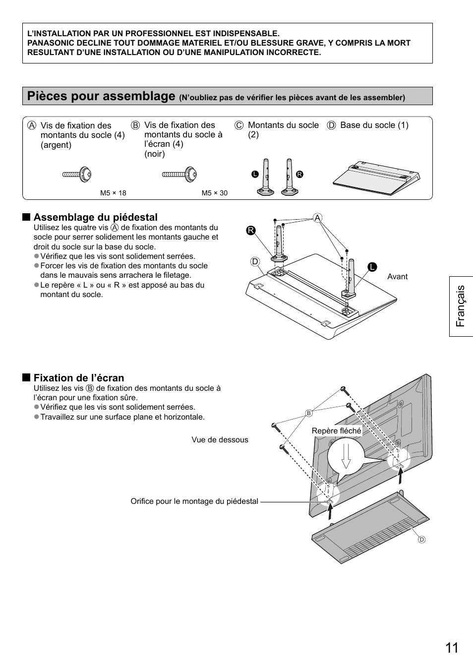 Pièces pour assemblage, Français, Assemblage du piédestal | Fixation de l’écran | Panasonic TYST50VX100 User Manual | Page 11 / 24