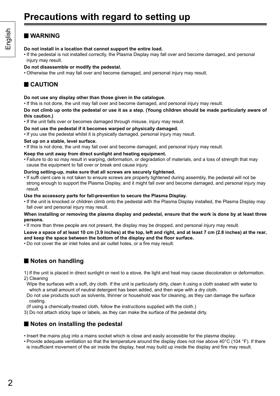 Precautions with regard to setting up, English | Panasonic TYST50VX100 User Manual | Page 2 / 24