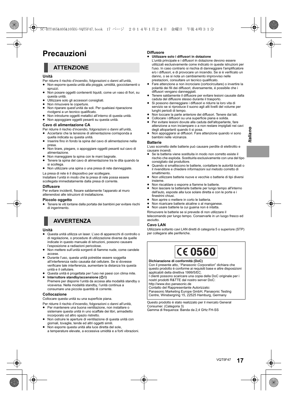 Precauzioni, Attenzione avvertenza | Panasonic SCBTT405EG User Manual | Page 17 / 72