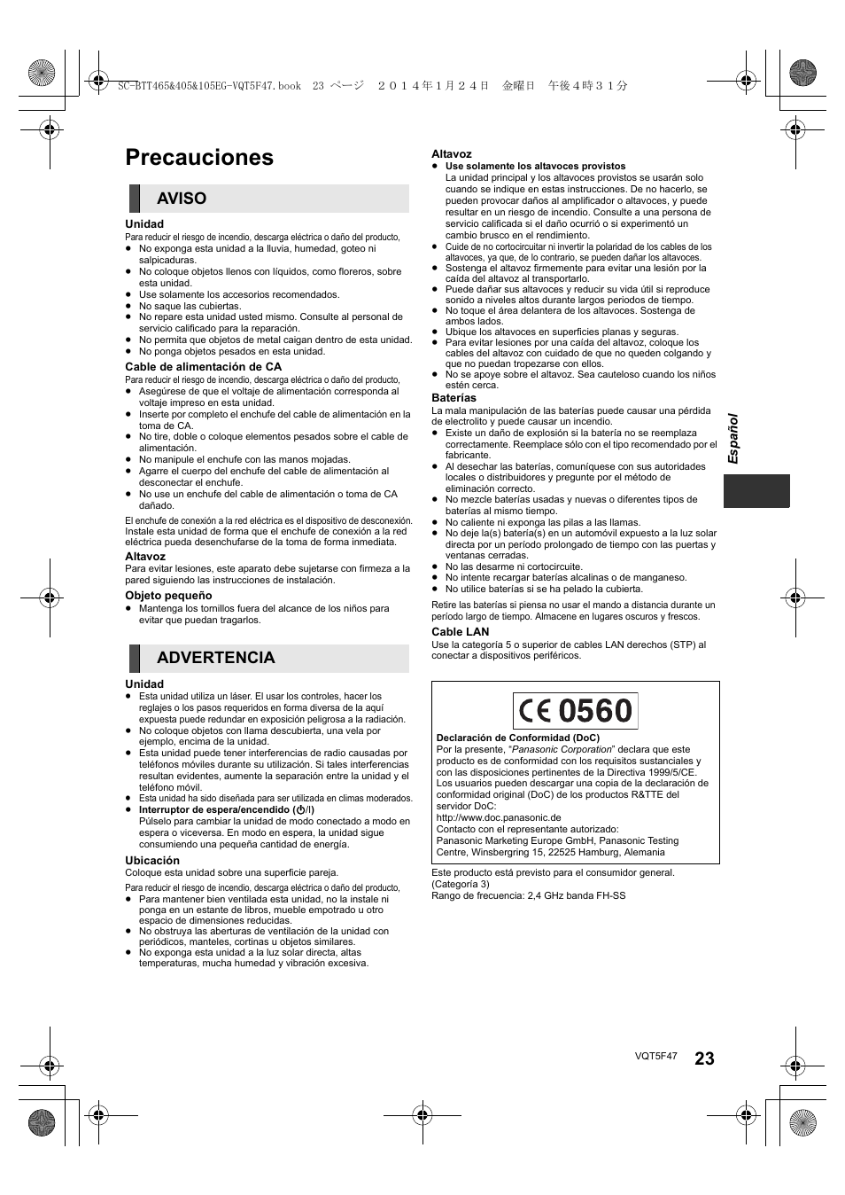 Precauciones, Aviso advertencia | Panasonic SCBTT405EG User Manual | Page 23 / 72