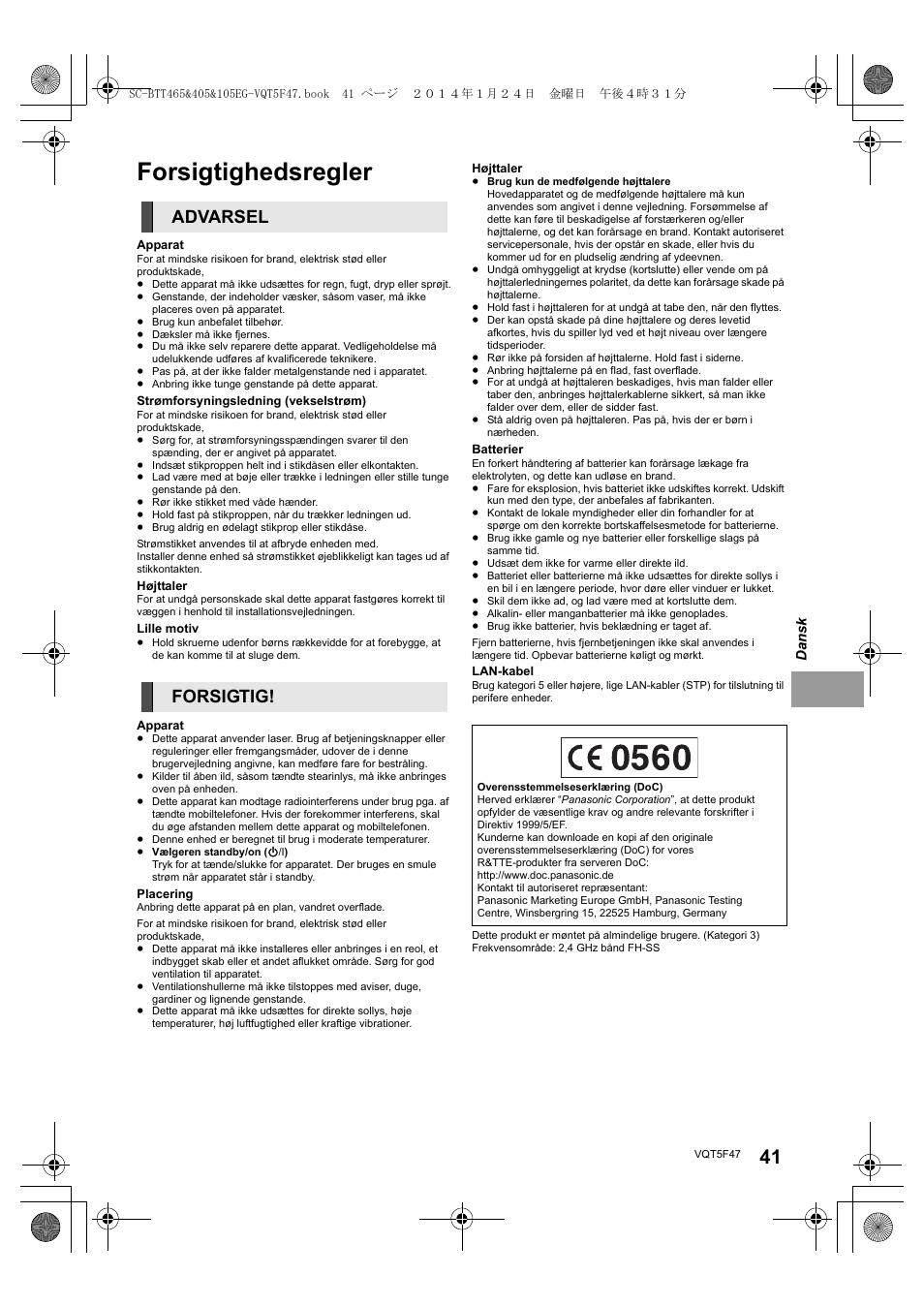 Forsigtighedsregler, Advarsel forsigtig | Panasonic SCBTT405EG User Manual | Page 41 / 72