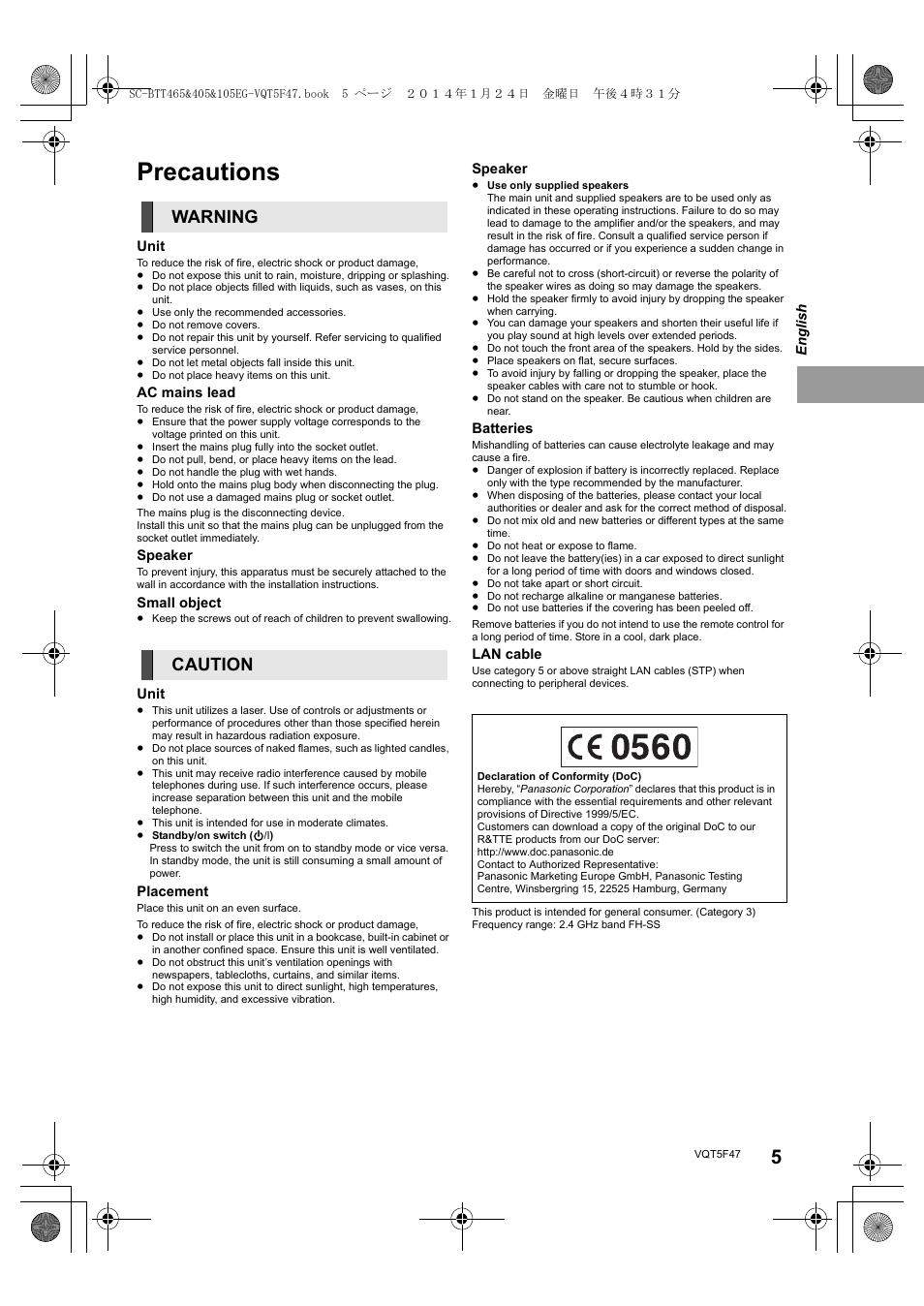 Precautions, Warning caution | Panasonic SCBTT405EG User Manual | Page 5 / 72