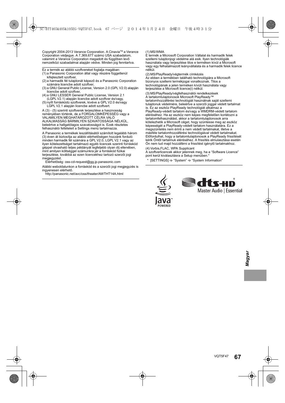 Panasonic SCBTT405EG User Manual | Page 67 / 72