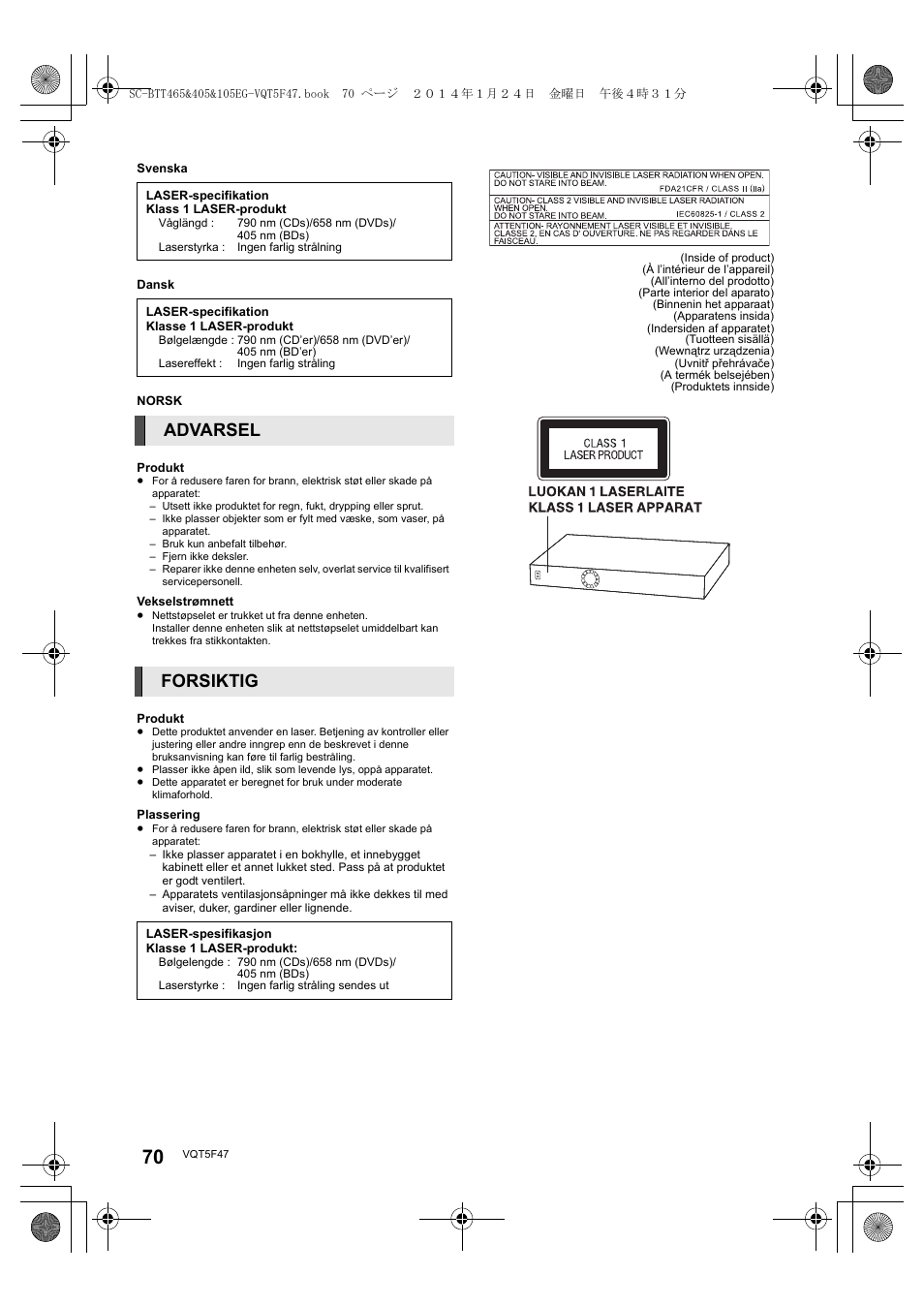 Advarsel forsiktig | Panasonic SCBTT405EG User Manual | Page 70 / 72