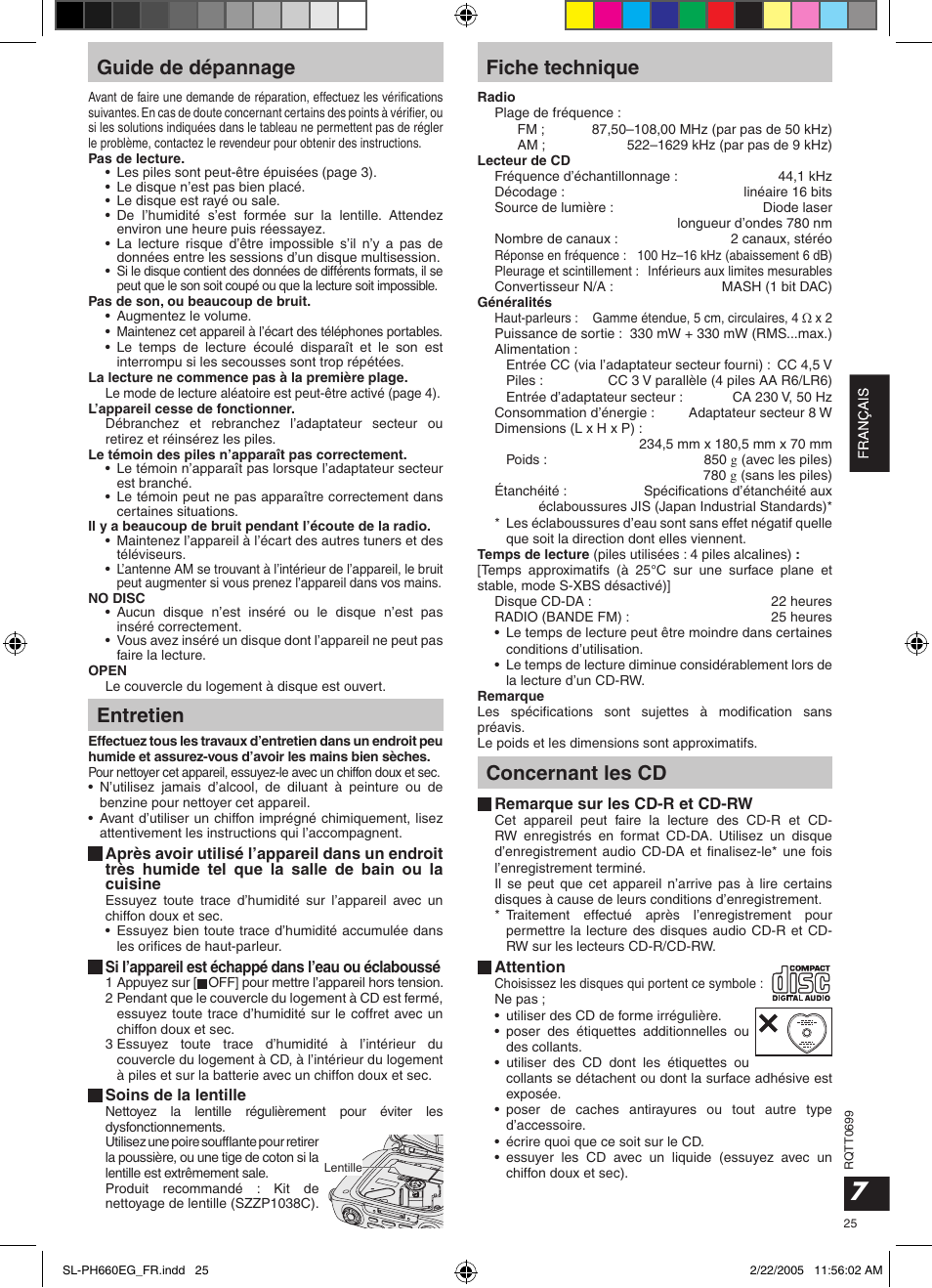 Guide de dépannage, Entretien, Fiche technique | Concernant les cd | Panasonic SLPH660 User Manual | Page 25 / 80