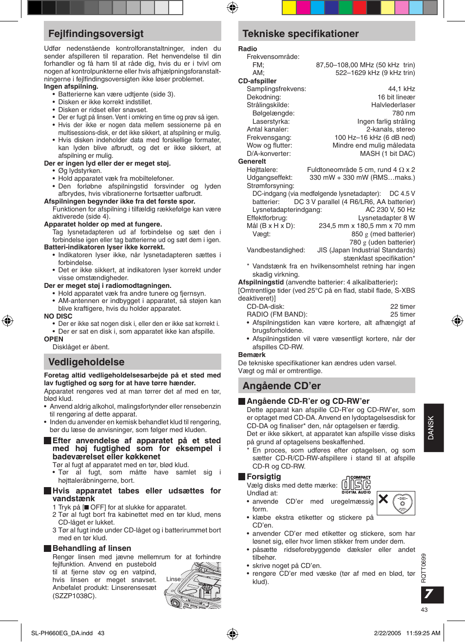Fejlﬁndingsoversigt, Vedligeholdelse, Tekniske speciﬁkationer | Angående cd’er | Panasonic SLPH660 User Manual | Page 43 / 80