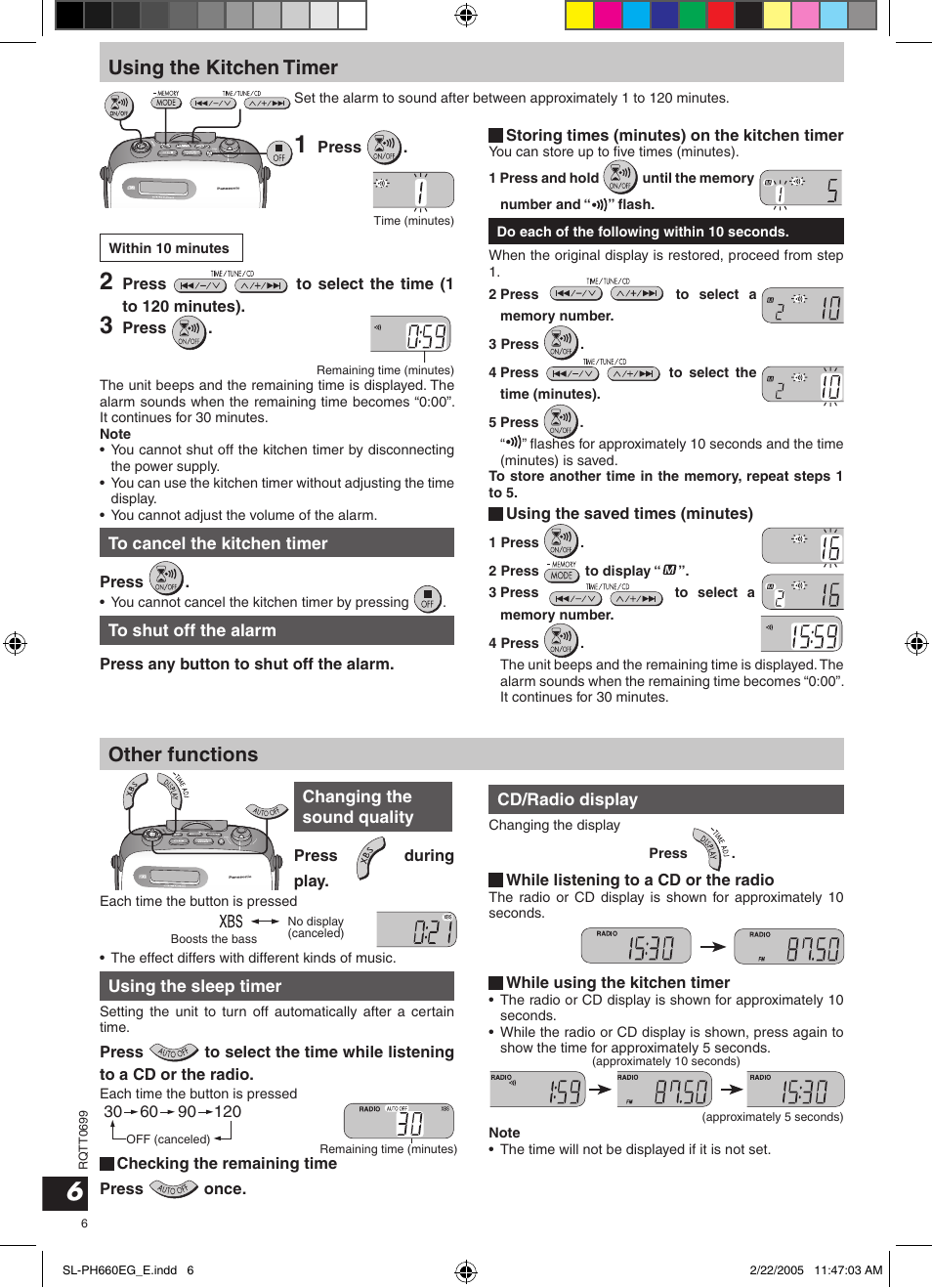 Using the kitchen timer, Other functions | Panasonic SLPH660 User Manual | Page 6 / 80