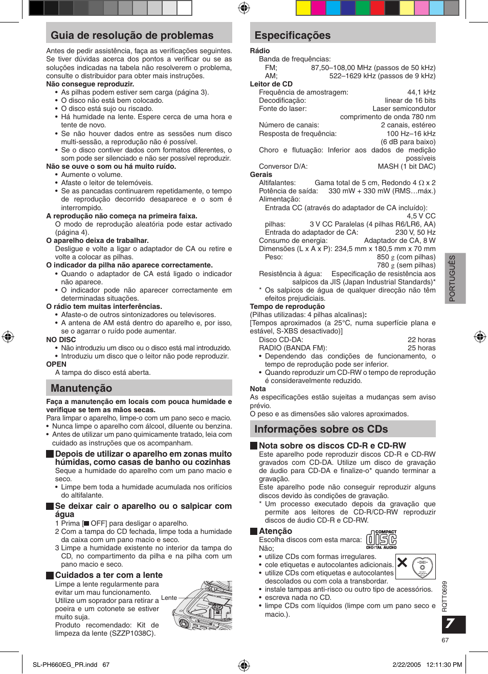 Guia de resolução de problemas, Manutenção, Especiﬁcações | Informações sobre os cds | Panasonic SLPH660 User Manual | Page 67 / 80