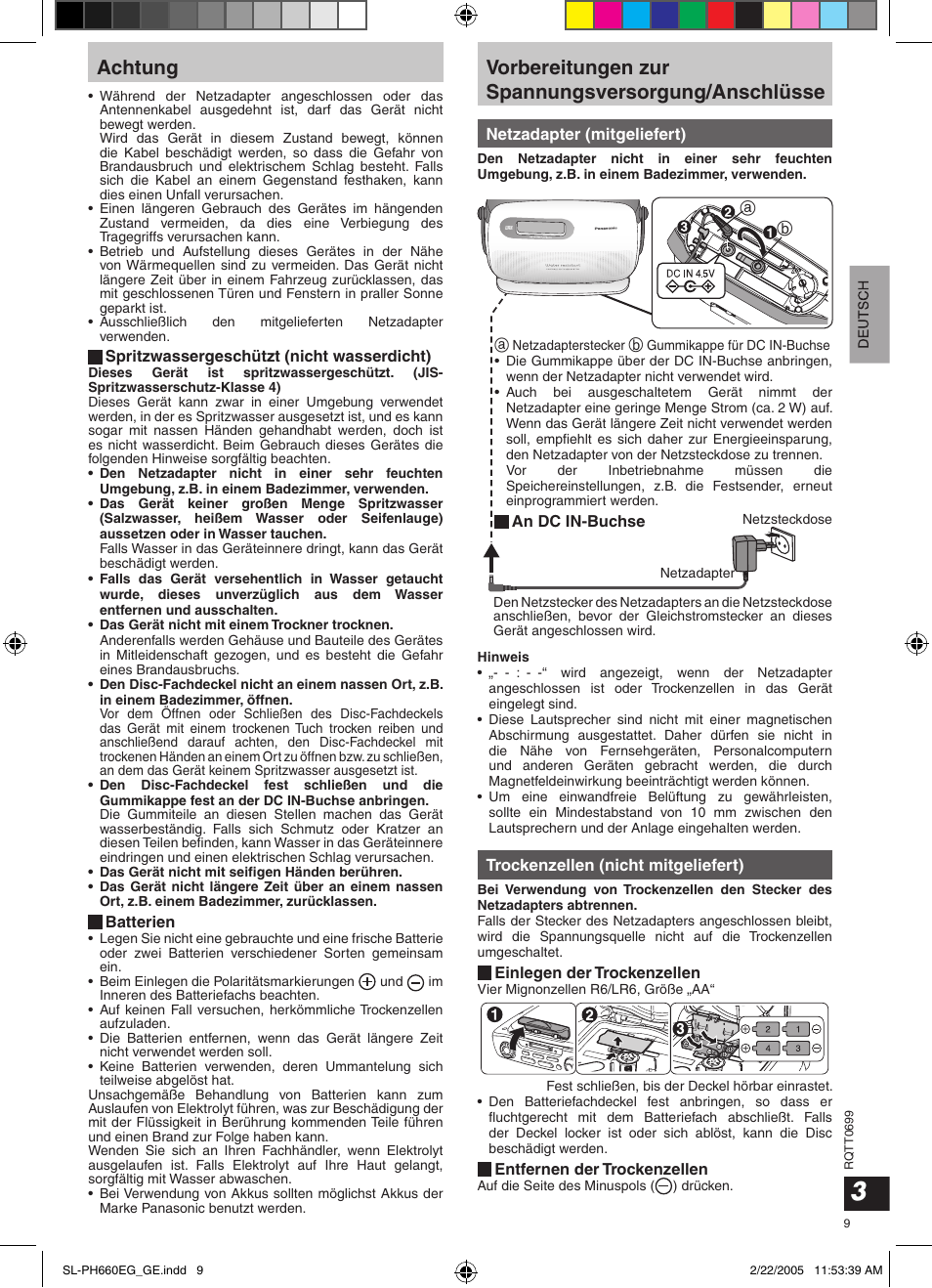 Achtung, Vorbereitungen zur spannungsversorgung/anschlüsse | Panasonic SLPH660 User Manual | Page 9 / 80