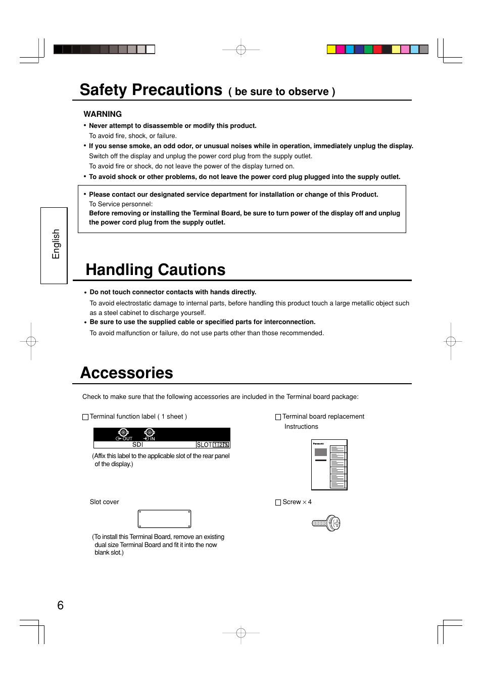 Safety precautions, Accessories, Handling cautions | Be sure to observe ) | Panasonic TYFB7SD User Manual | Page 6 / 16