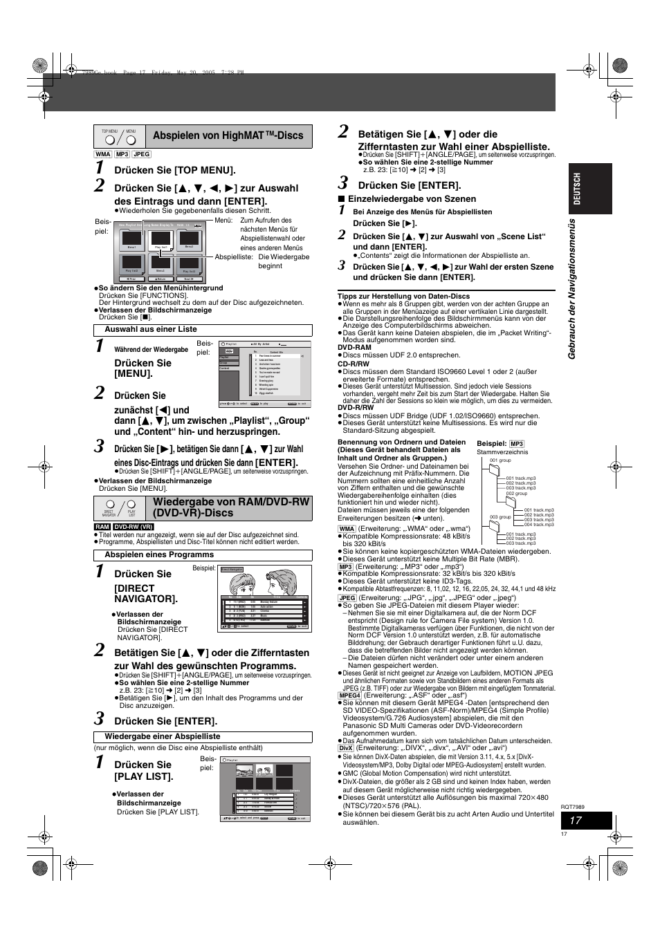 Abspielen von highmat, Discs, Wiedergabe von ram/dvd-rw (dvd-vr)-discs | Drücken sie [top menu, Drücken sie [menu, Drücken sie [direct navigator, Drücken sie [enter, Drücken sie [play list, Einzelwiedergabe von szenen | Panasonic SCHT885W User Manual | Page 17 / 104
