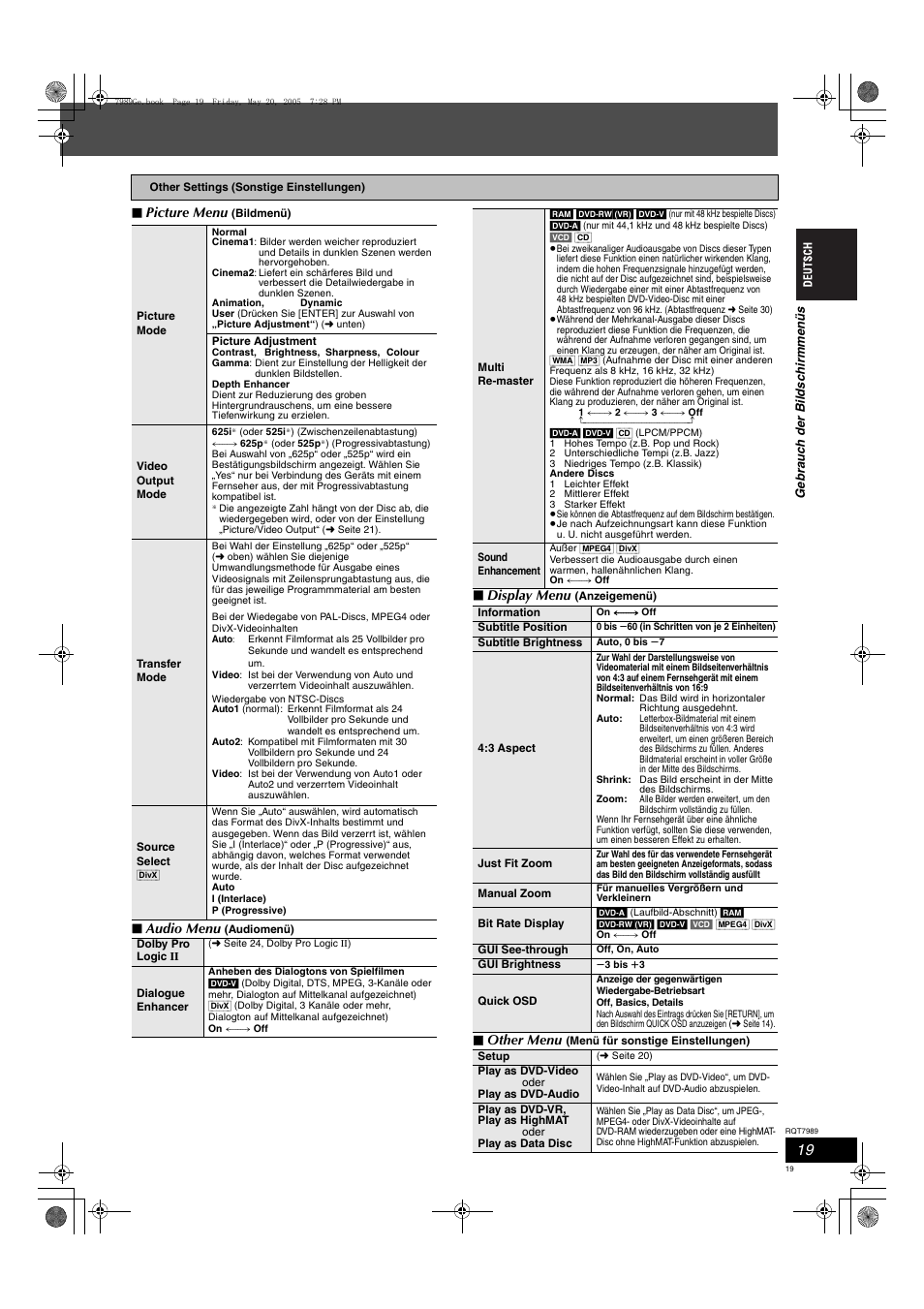 Picture menu, Audio menu, Display menu | Other menu | Panasonic SCHT885W User Manual | Page 19 / 104