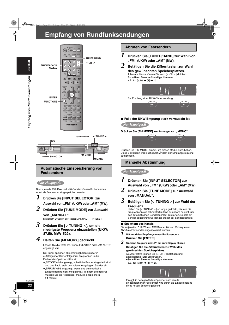 Empfang von rundfunksendungen, Automatische einspeicherung von festsendern, Abrufen von festsendern manuelle abstimmung | Drücken sie [tune mode] zur auswahl von „manual, Betätigen sie [ x tuning w ] zur wahl der frequenz, Open close, Nur hauptgerät, Em pfa ng v on rundf unk s e ndunge n, Falls der ukw-empfang stark verrauscht ist | Panasonic SCHT885W User Manual | Page 22 / 104