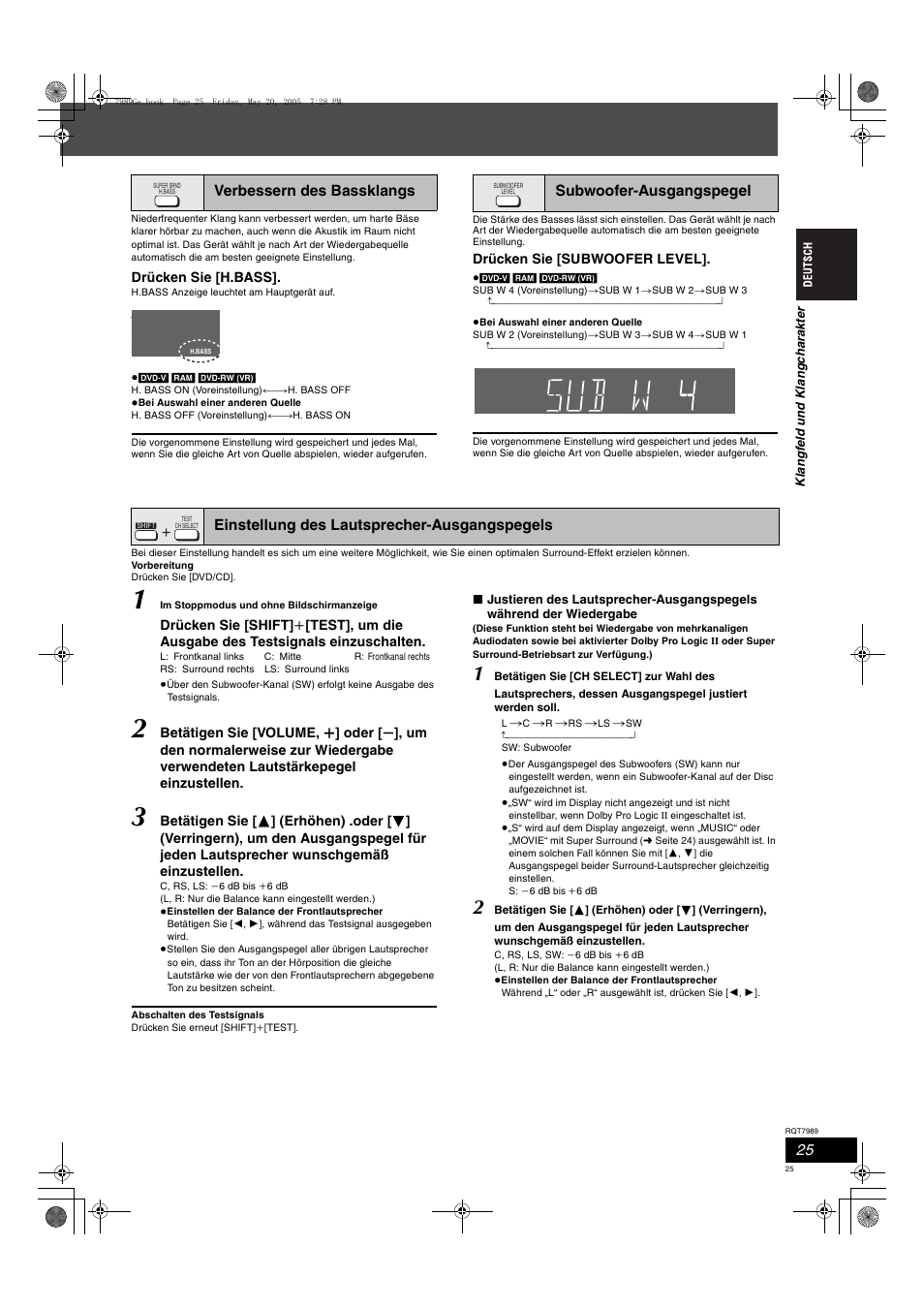 Verbessern des bassklangs, Subwoofer-ausgangspegel, Einstellung des lautsprecher-ausgangspegels | Drücken sie [h.bass, Drücken sie [subwoofer level | Panasonic SCHT885W User Manual | Page 25 / 104