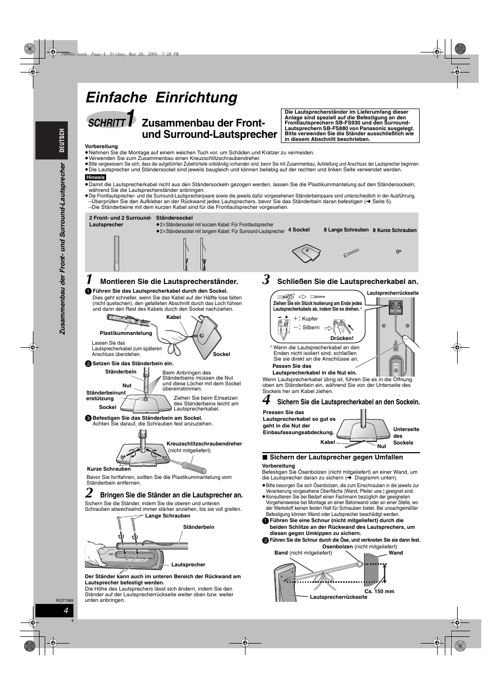 Einfache einrichtung, Schritt, Zusammenbau der front- und surround-lautsprecher | Panasonic SCHT885W User Manual | Page 4 / 104