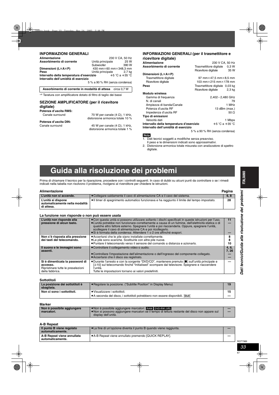 Guida alla risoluzione dei problemi | Panasonic SCHT885W User Manual | Page 67 / 104