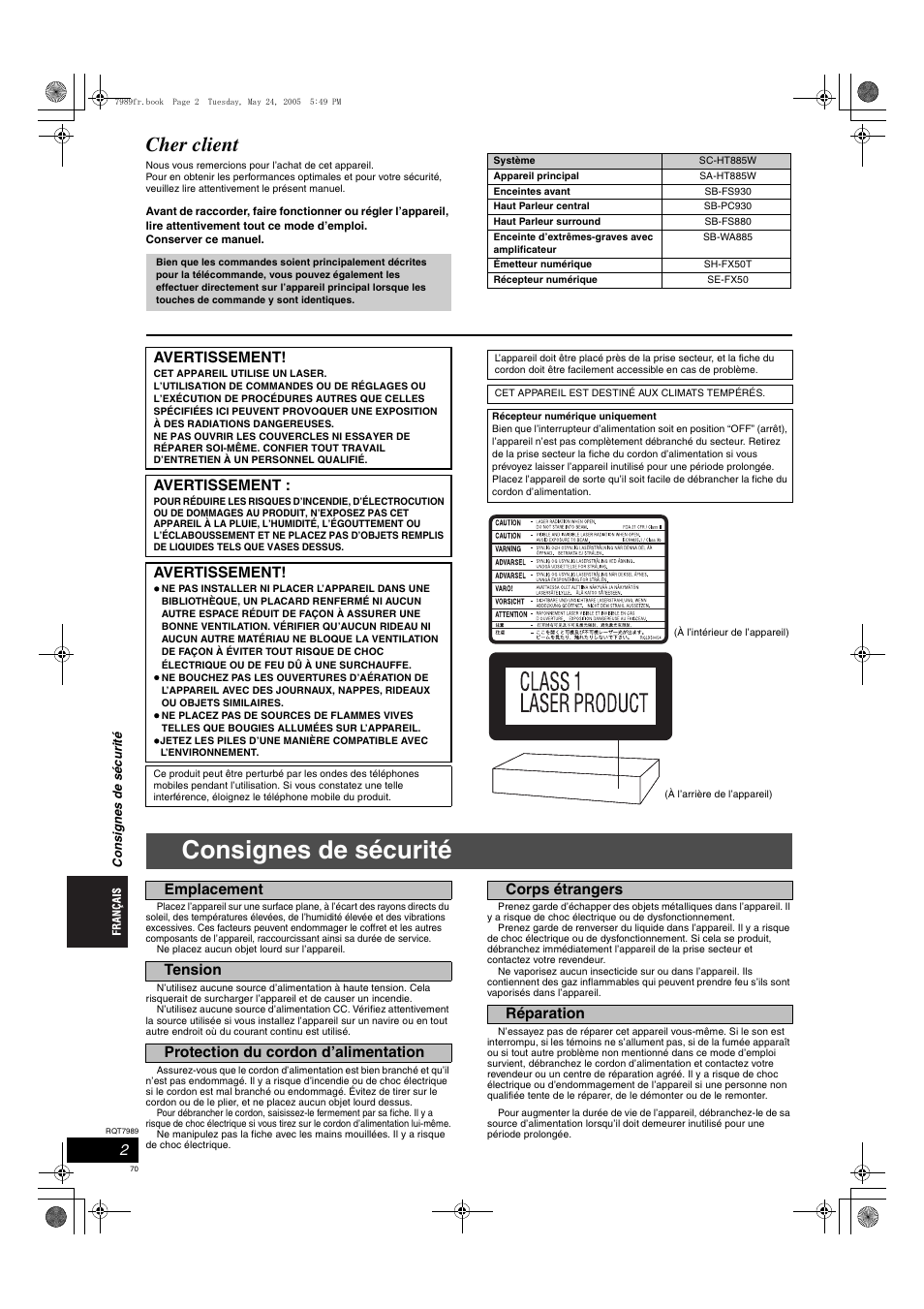 Consignes de sécurité, Cher client, Avertissement | Panasonic SCHT885W User Manual | Page 70 / 104