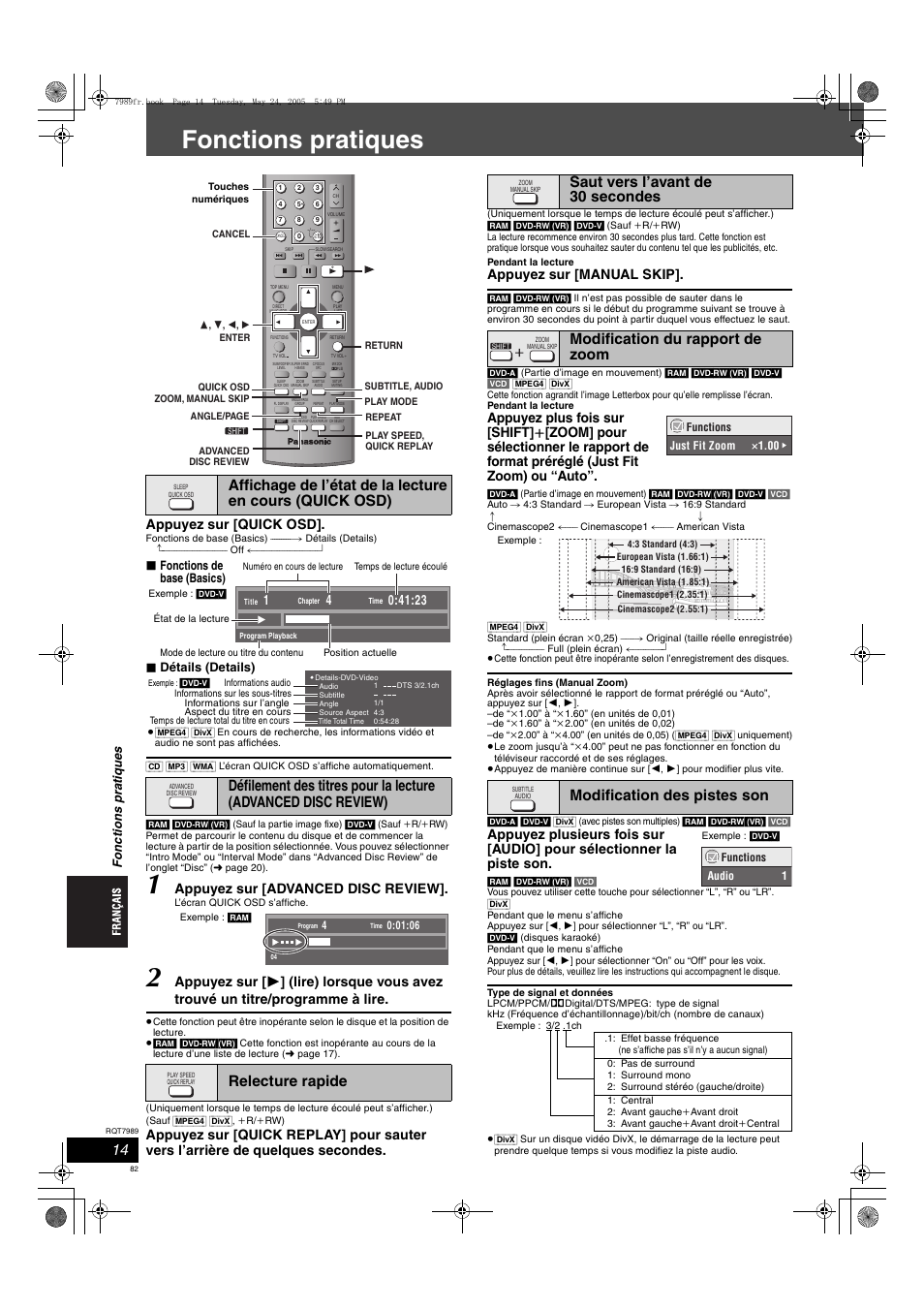 Fonctions pratiques, Appuyez sur [quick osd, Appuyez sur [advanced disc review | Appuyez sur [manual skip, Fonc tions p ra tique s, Fonctions de base (basics), Détails (details) | Panasonic SCHT885W User Manual | Page 82 / 104