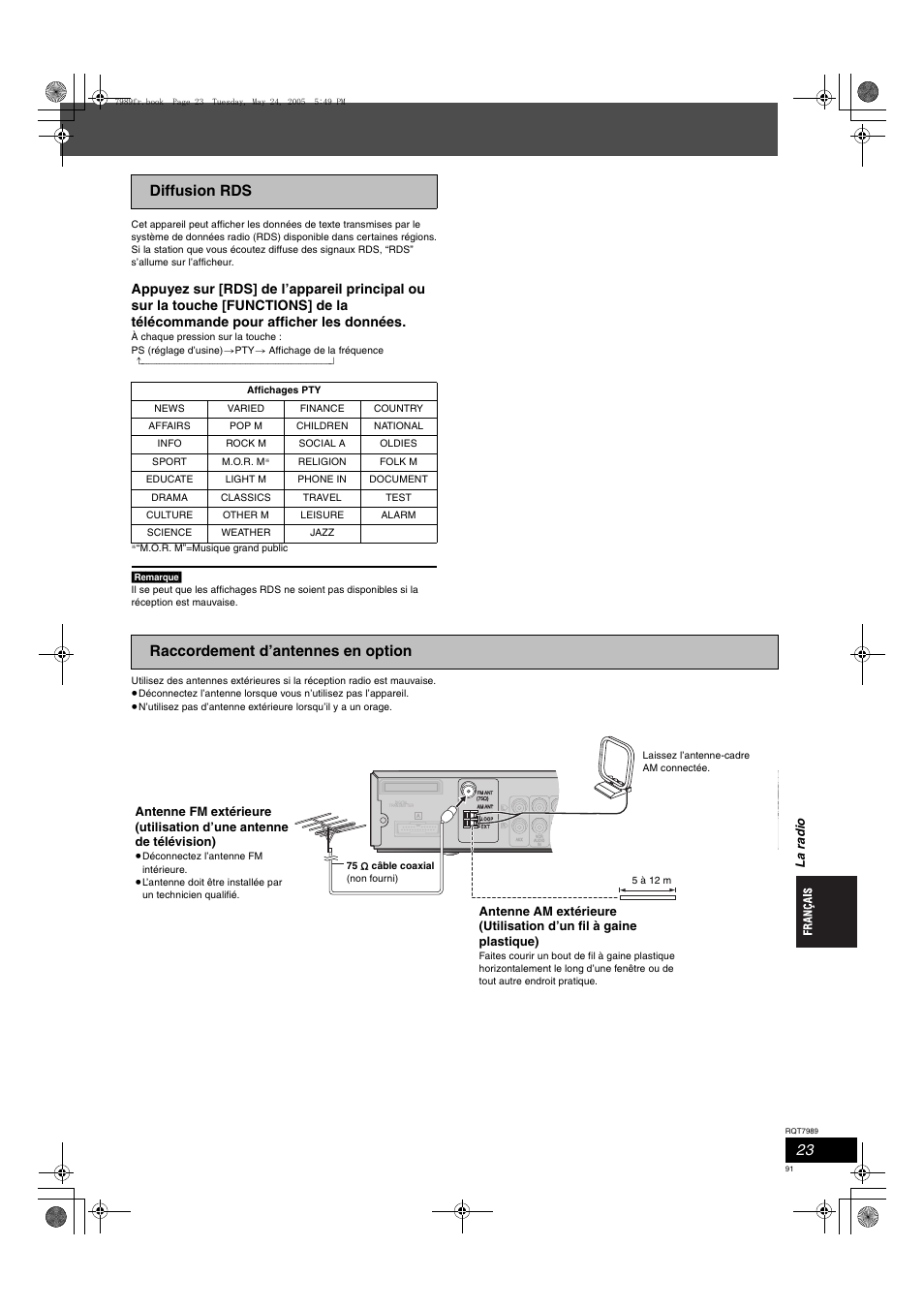 Diffusion rds, Raccordement d’antennes en option | Panasonic SCHT885W User Manual | Page 91 / 104