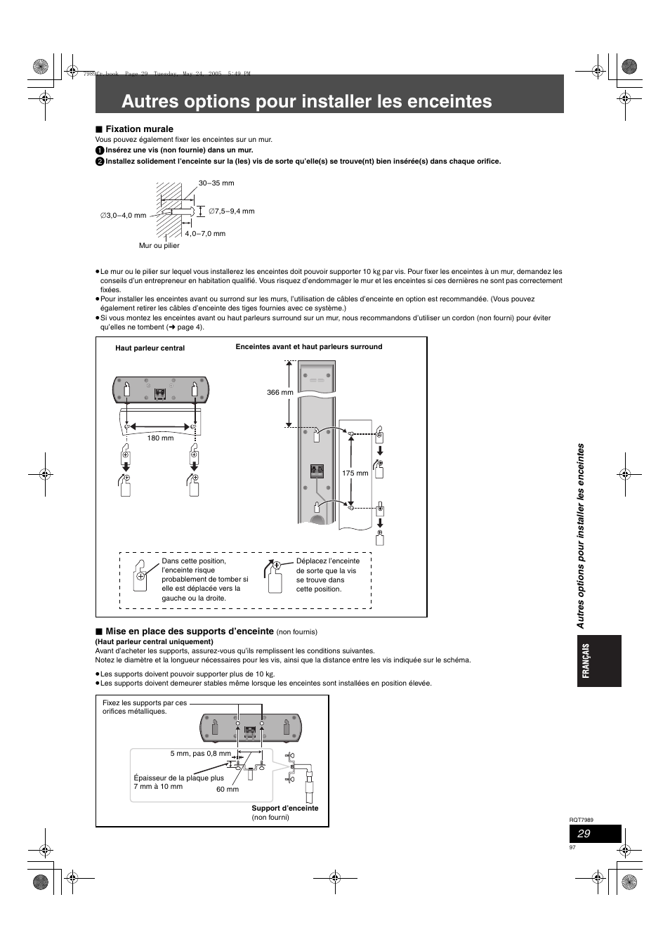 Autres options pour installer les enceintes | Panasonic SCHT885W User Manual | Page 97 / 104