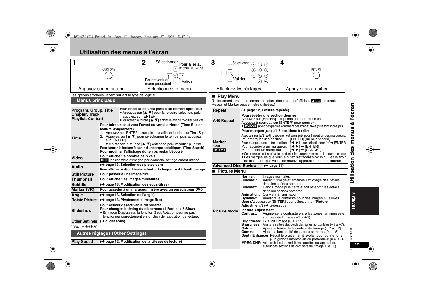 Utilisation des menus à l’écran | Panasonic DVDS52 User Manual | Page 69 / 80