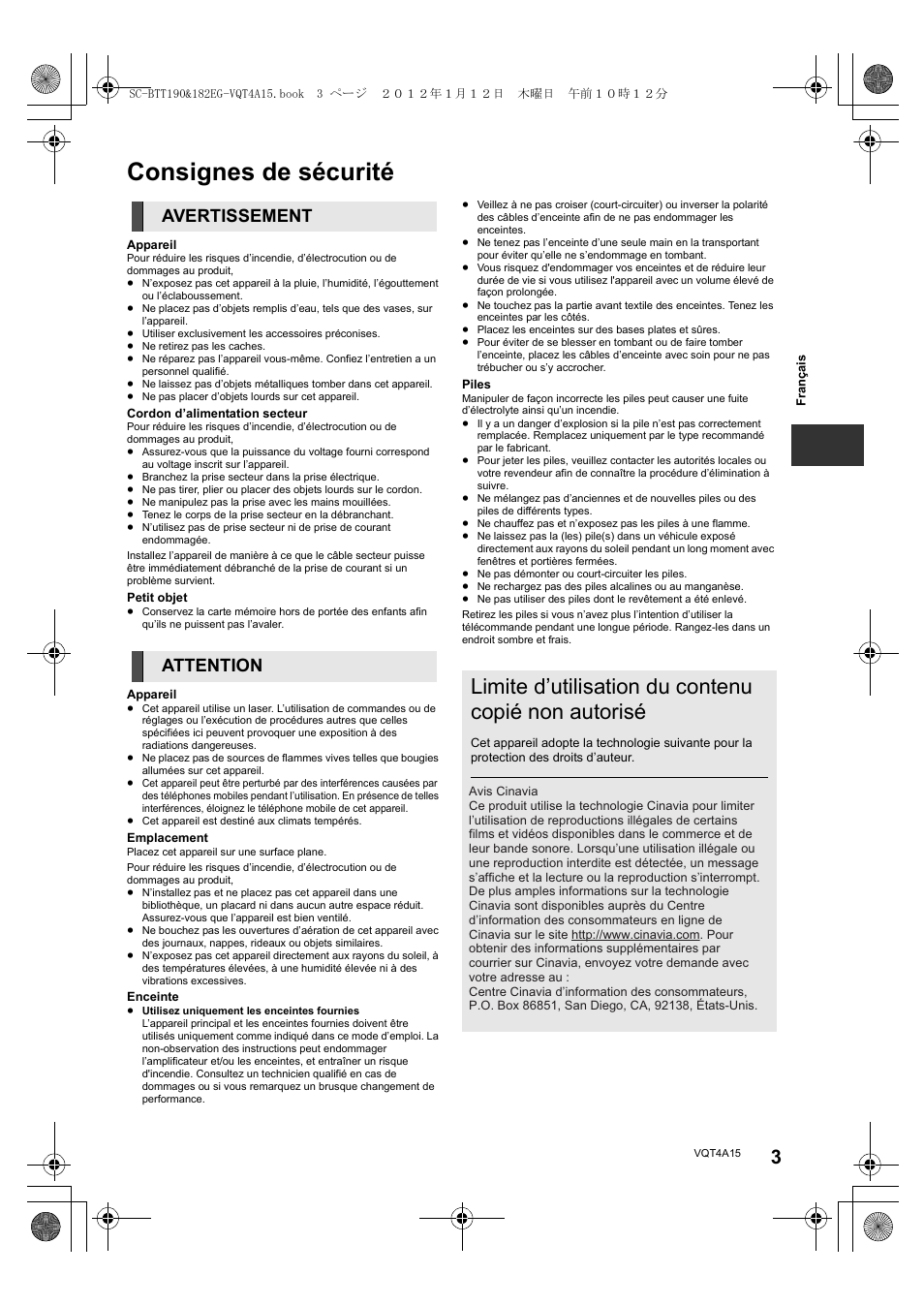 Consignes de sécurité, Limite d’utilisation du contenu copié non autorisé, Avertissement attention | Panasonic SCBTT182EG User Manual | Page 3 / 100