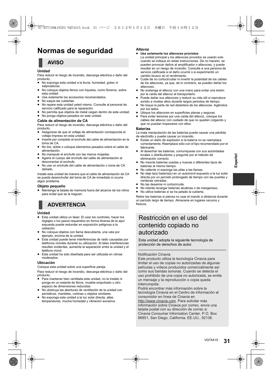 Normas de seguridad, Aviso advertencia | Panasonic SCBTT182EG User Manual | Page 31 / 100