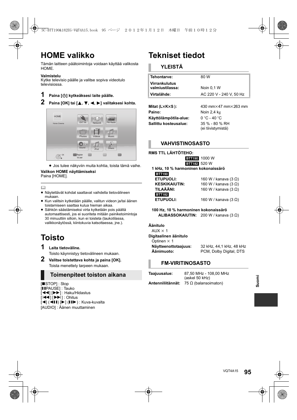 Home valikko, Toisto, Tekniset tiedot | Toimenpiteet toiston aikana, Yleistä, Vahvistinosasto, Fm-viritinosasto | Panasonic SCBTT182EG User Manual | Page 95 / 100