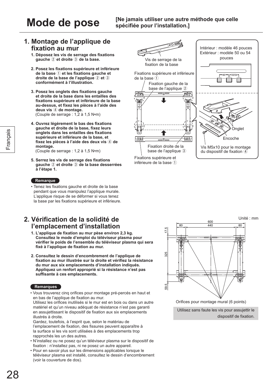 Mode de pose, Montage de l’applique de fixation au mur, Français | Panasonic TYWK5P1SW User Manual | Page 28 / 80