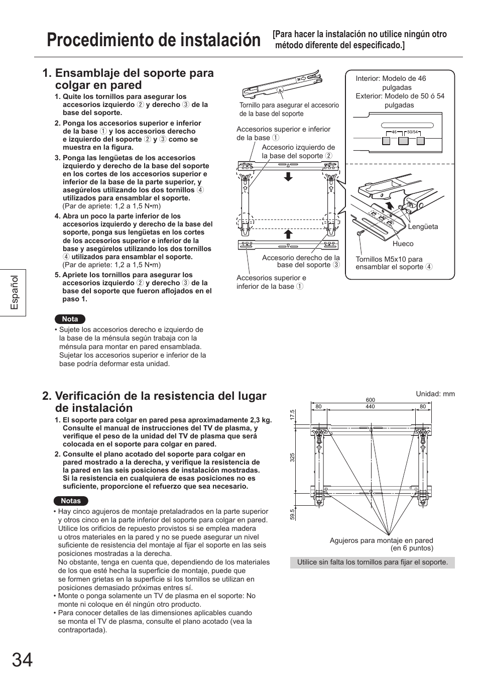 Procedimiento de instalación, Ensamblaje del soporte para colgar en pared, Español | Panasonic TYWK5P1SW User Manual | Page 34 / 80
